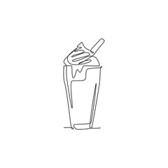One single line drawing of fresh milkshake with whipped cream and wafer stick logo vector illustration. Cafe drink menu restaurant badge concept. Modern continuous line draw design drinking logotype