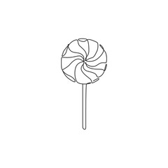 One continuous line drawing of sweet delicious swirly online lollipop candy shop logo emblem. Assorted confectionery store logotype template concept. Modern single line draw design vector illustration