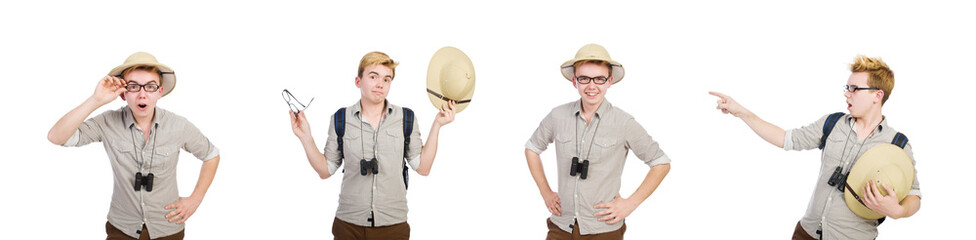Man in safari hat in hunting concept