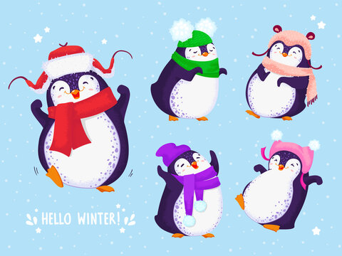 Hand drawn set of cute dancing penguins. Different winter hats and various poses. Blue blackground with snowflakes. Vector illustration.