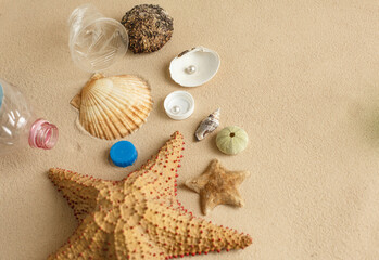 Ocean pollution. Plastic trash at the bottom of the sea. Global ecological catastrophe on the planet.