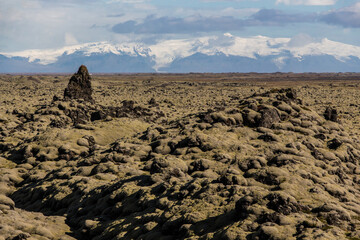 ELDHRAUN LAVA FIELD, ICELAND - SEPTEMBER 19, 2018: moss covered lava fields in South Iceland with snow covered mountains in the background