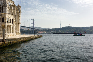 Fototapeta na wymiar Ortakoy Mosque and Bosphorus Bridge on the Bosphorus. Istanbul, Turkey.