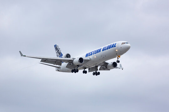 Chicago, USA - October 26, 2020: A Western Global Airlines Cargo MD-11 Aircraft landing at O'Hare International airport. 