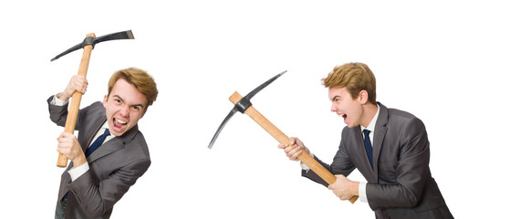 Young businessman with weapon isolated on white