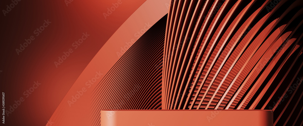 Poster minimal background for branding and product presentation. red podium with subtle circular geometric 