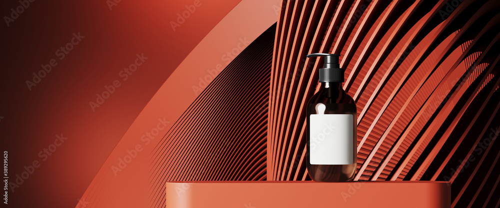 Poster minimal background for branding and product presentation. red podium with subtle circular geometric 