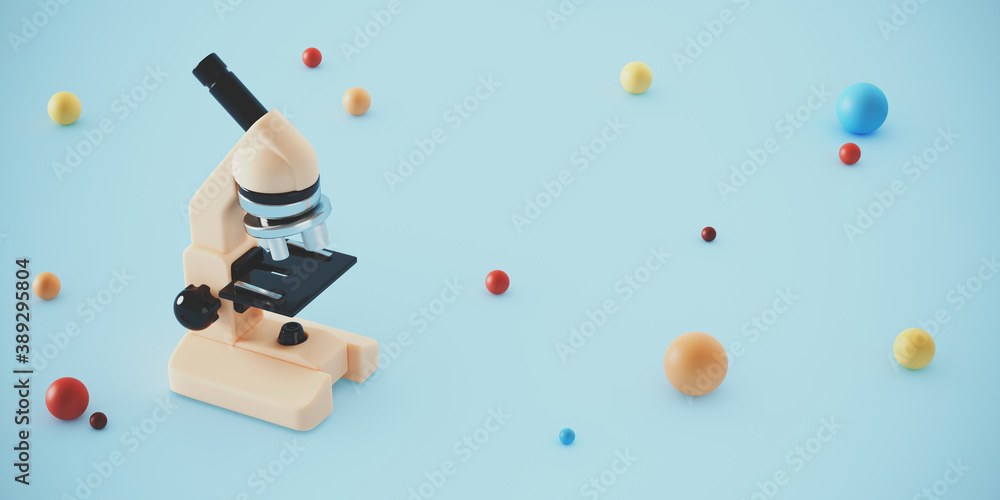 Poster minimal background for medical healthcare and education concept. microscope with colorful sphere on 