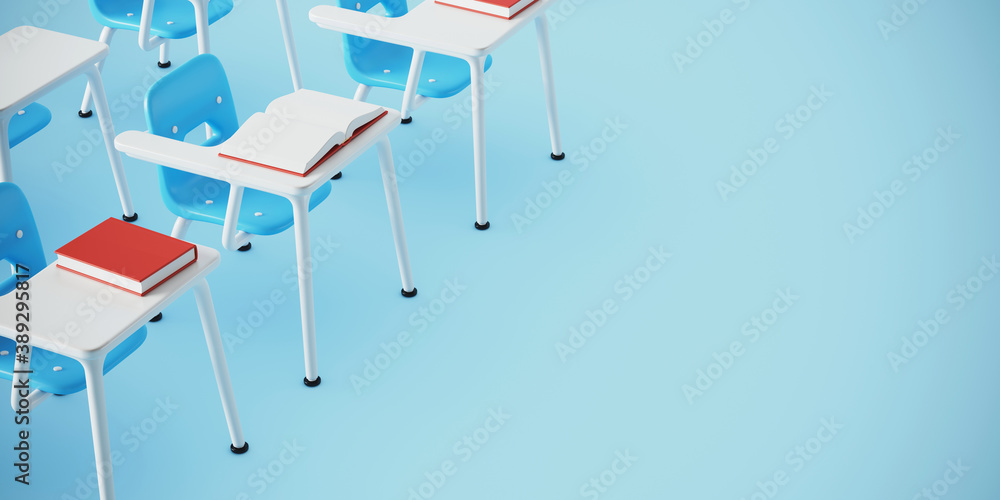 Poster minimal background for learning and education concept. lecture school chair on blue background. 3d r