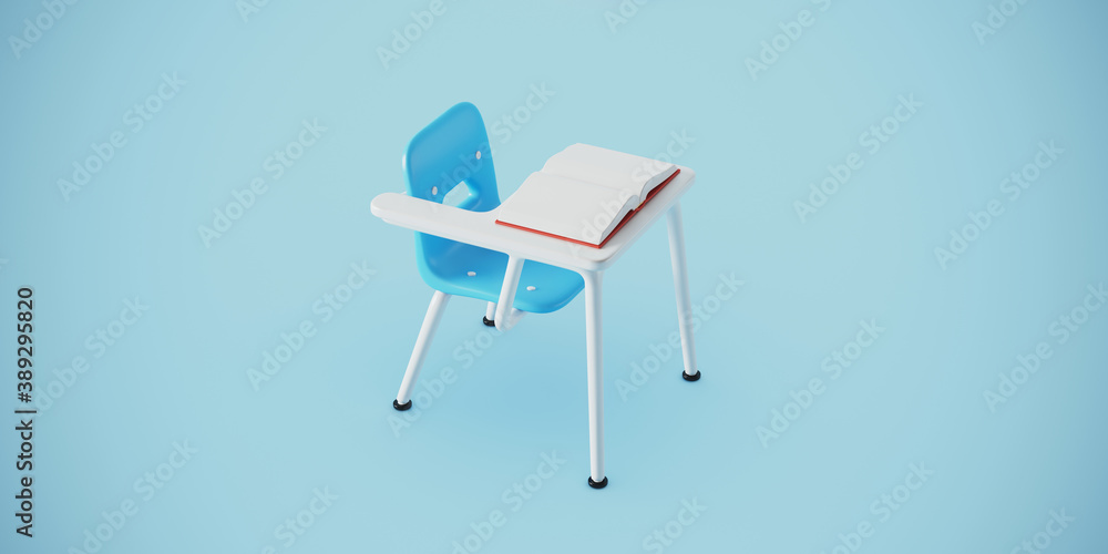 Poster minimal background for learning and education concept. lecture school chair on blue background. 3d r