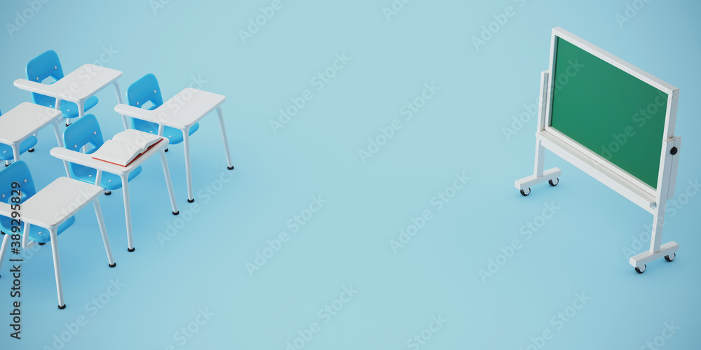 Poster minimal background for learning and education concept. lecture school chair and blackboard on blue b