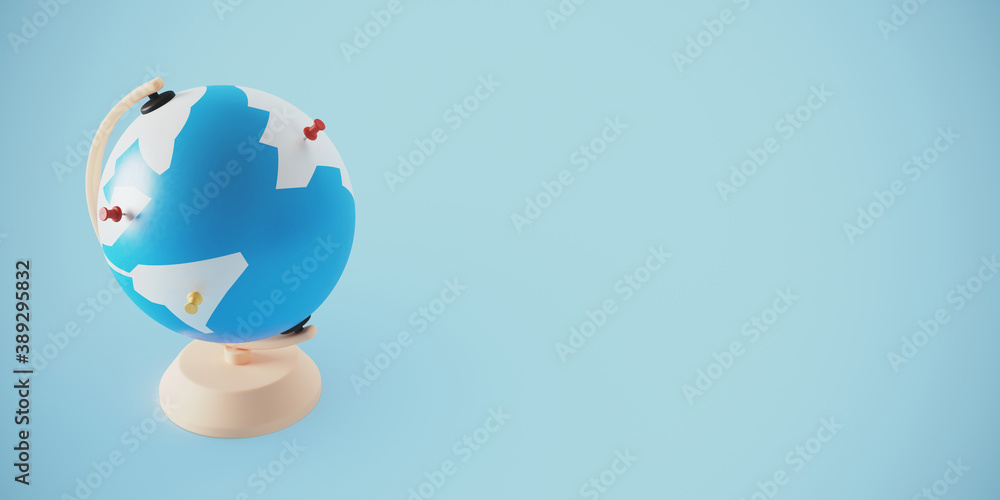 Poster minimal background for learning and education concept. globe with thumbtack on blue background. 3d r