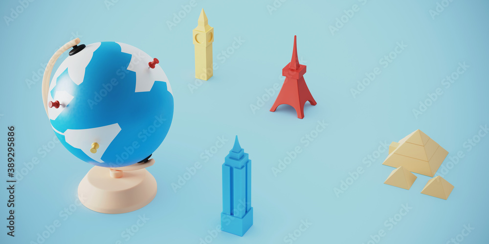 Poster minimal creative background for travel concept. globe with thumbtack on blue background. 3d renderin