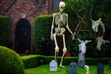 Long Beach, California, USA - October, 2020: Skeleton and cemetery for Halloween. - 389295807