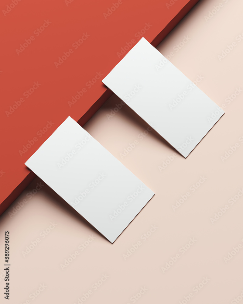 Poster mock-up template for branding identity. blank business card on red and beige background. 3d renderin