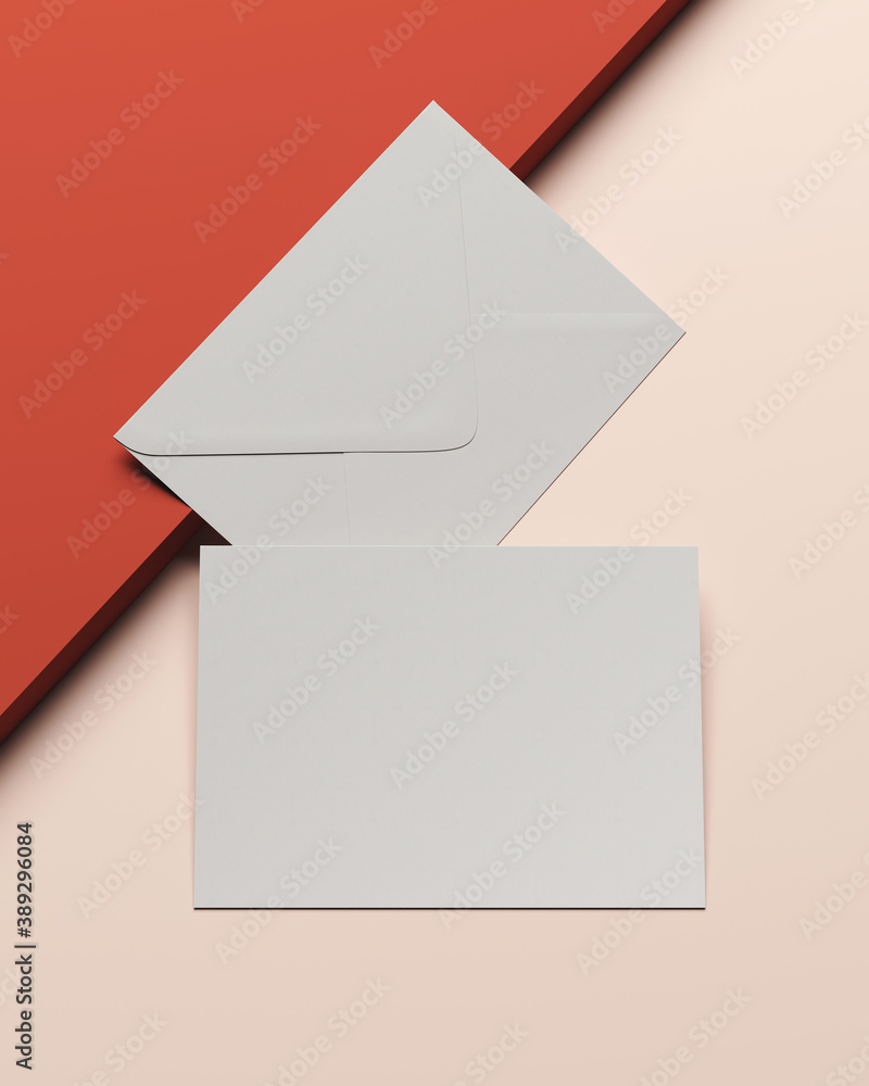 Poster mock-up template for branding identity. blank envelopes on red and beige background. 3d rendering il