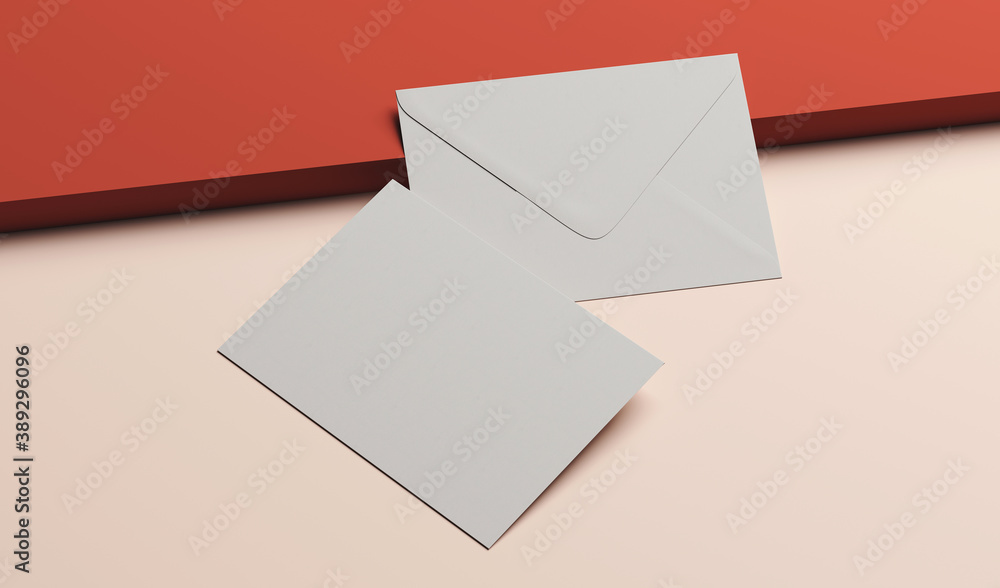 Poster mock-up template for branding identity. blank envelopes on red and beige background. 3d rendering il