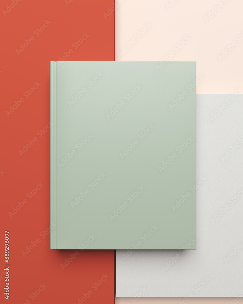 Poster mock-up template for branding identity. blank green notebook on red and beige background. 3d renderi
