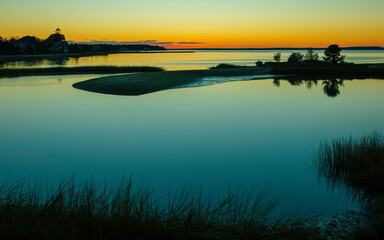 Twilight Seascape Silhouette over the Marsh Land at High Tide on Cape Cod in October