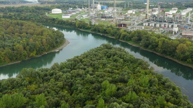 Industry on the Sava River in Sisak near the confluence of the Kupa and the Sava rivers