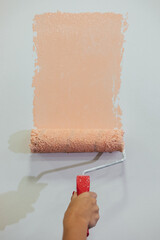 Beautiful girl painting the wall with a roller. Interior renovation