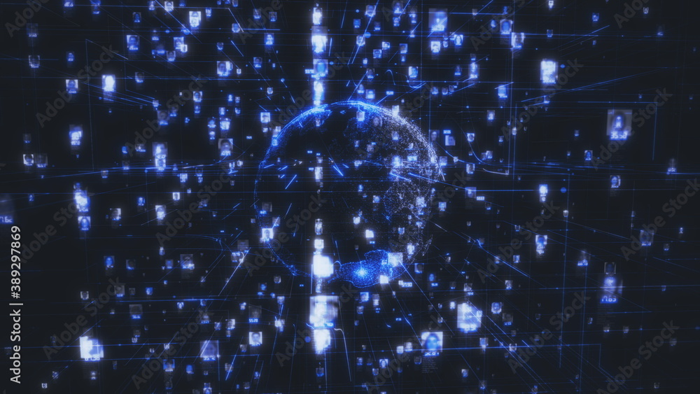 Poster different people portraits in dark cyberspace in abstract social network concept as database with a 