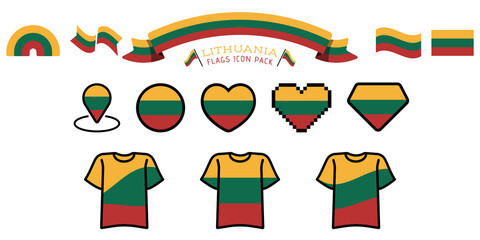 Big set of label, stickers, pointer, badge, symbol and page curl with Lithuania flag icon on design element. Collection vector illustration. Isolated on white background.