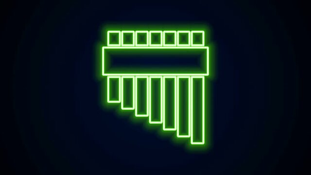 Glowing neon line Pan flute icon isolated on black background. Traditional peruvian musical instrument. Zampona. Folk instrument from Peru, Bolivia and Mexico. 4K Video motion graphic animation.