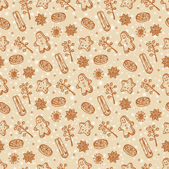 Gingerbread Vector Seamless pattern. Hand Drawn Doodle Christmas Cookies and spices. Celebratory background. Holiday wallpaper. Xmas. Merry Christmas and New Year background.