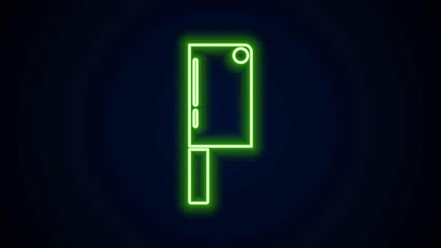 Glowing neon line Meat chopper icon isolated on black background. Kitchen knife for meat. Butcher knife. Happy Halloween party. 4K Video motion graphic animation.