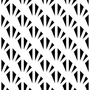 Wallpaper with repeated triangles. Black triangle ornament on white background. Seamless surface pattern design with polygons. Modern abstract motif. Geometrical image. Triangular shapes. Vector art.