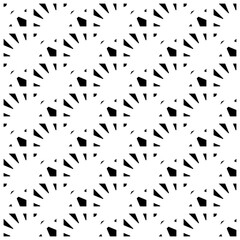 Black polygons on white background. Seamless surface pattern design with triangles, quadrangles, pentagons. Ethnic ornament motif. Embroidery wallpaper. Digital paper for textile print. Vector art.