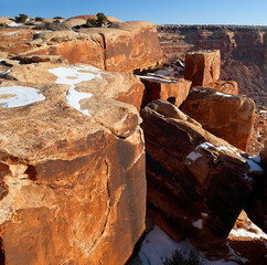 Muley Point panoramic overlook with red sandstone in foreground, early winter morning. USA, Utah.