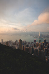 Fototapeta na wymiar Panoramic View of Hong Kong during sunset with skyscrapers