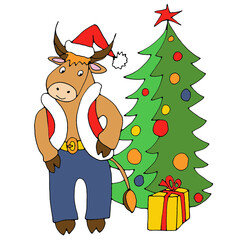 Bull in a christmas cap and vest with a christmas tree and a gift, graphic color sketch on a white background
