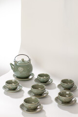 Beautiful tea set with traditional style on white background.