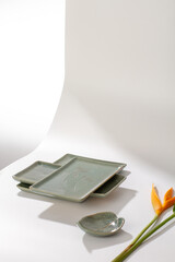 Set of pottery square trays and leaf shape dish, bird of paradise flower on white back ground
