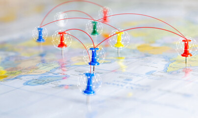 Communication connect network push pin on the world map