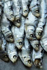 Obraz premium Overhead view of dried sardines.
