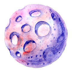 Planet, asteroid in pink-purple colors, watercolor painting on white background.