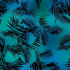 Seamless Miami night tropical pattern black foliage on sunset blur. High quality illustration. Swim, sports, or resort wear repeat print. Dark foreground on blurred background. Dark vibrant colors.