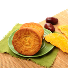 Mid-Autumn Festival moon cake on white background（Non-English texts translation :sweet red bean paste）