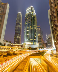 Fototapeta na wymiar night view of cityscape with car trail, Central business district, Hong Kong