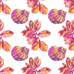 Seamless pattern pink branch with leaves and sea shell on white. Home plant indoor for interior. Art creative hand-drawn background for florist, wallpaper, wrapping, postcard, notebook, wedding