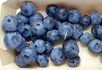 large blueberries in a wooden box, selective focus