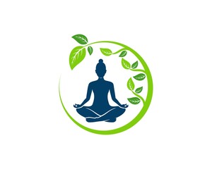 Circular swoosh with nature leaf and women yoga