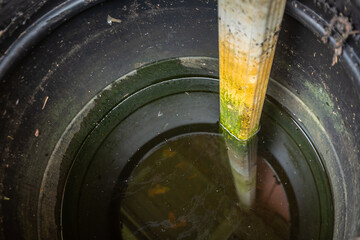 Inside of a black rain barrel with stagnate water and wooden post covered with algae