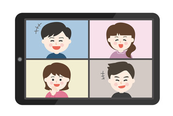 Young people laughing a lot having an online party on smartphone or tablet. Vector illustration isolated on white background.