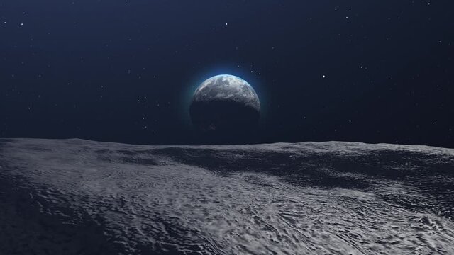 Planet Earth View From Moon Surface In Space
Realistic outer space view, 3d rendering cinematic vision, blue earth seen from the moon surface 

