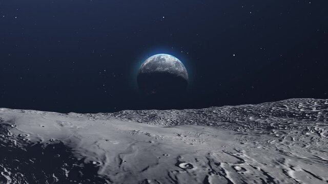 Planet Earth View From Moon Surface In Space
Realistic outer space view, 3d rendering cinematic vision, blue earth seen from the moon surface 
